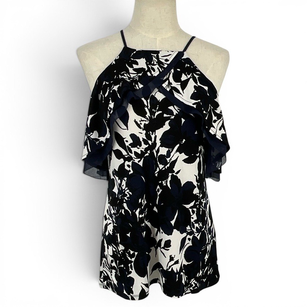 White‎ House Black Market Floral Halter Ruffle Blouse Navy White XXS